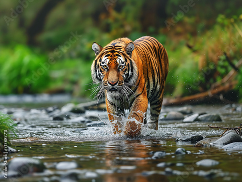 Tableau sur toile The tiger walking in the river looks beautiful.