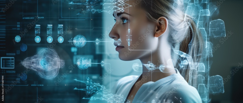 Medical healthcare concept, Beautiful young female doctor in white coat in Background with Copy space. Generative AI Medical healthcare concept, Beautiful young female doctor in white coat in Background with Copy space. Generative AI