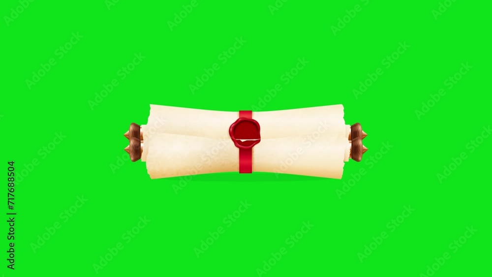 Old vintage horizontal curled off white letter with red seal. Wooden ends with Paper scroll or parchment opening and closing animation.Vintage roll of parchment against green background.Alpha channel.