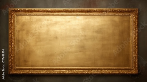Gold Framed Painting Hanging on Wall, Classic Artwork Adds Elegance to Living Space. Luxury trendy background. Mock up. Copy space. © keystoker
