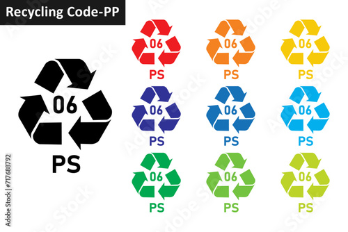 PS plastic recycling code icon set. Mobius Strip Plastic recycling symbol 06 PS. Plastic recycling code 06 icon collection in ten colors. Set of plastic recycling code symbol icon 06 PS.