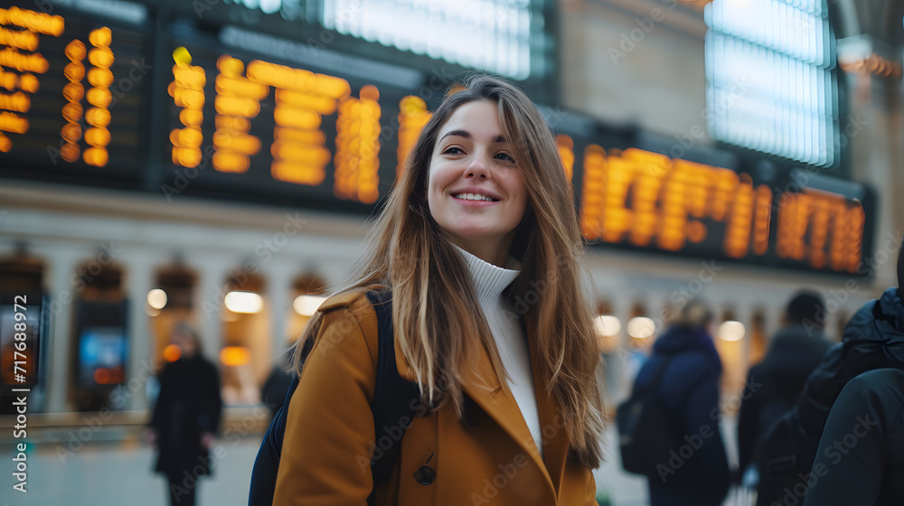 A joyful businesswoman standing in front of an information board at a train station, making eye contact with the camera.