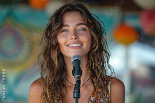 Smiling Singer with a Microphone: A Catchy and Optimized Adobe Stock Title Generative AI
