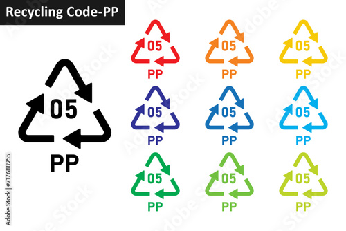 PP plastic recycling code icon set. Plastic recycling symbol 05 PP. Plastic recycling code 05 icon collection in ten different colors. Set of plastic recycling code symbol icon 05 PP.