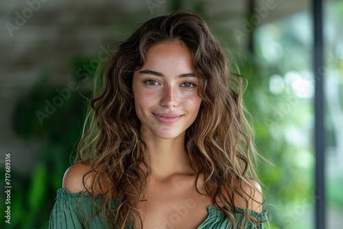 Wavy Hair, Freckles, and Green Shirt: A Catchy and Optimized Adobe Stock Title Generative AI