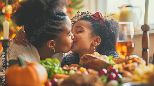 An appreciative black girl expresses gratitude by kissing her mother during a Thanksgiving family meal. photo