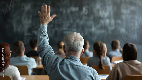 Back view of older student raising his hand to answer teacher's question during education training class.