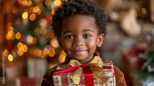 Holiday Cheer: Young Boy Smiling with Christmas Present Generative AI