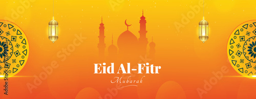 Eid al-fitr Mubarak wishes or greeting big banner with yellow background mosque or lantern social media wishing banner or poster design vector illustration
