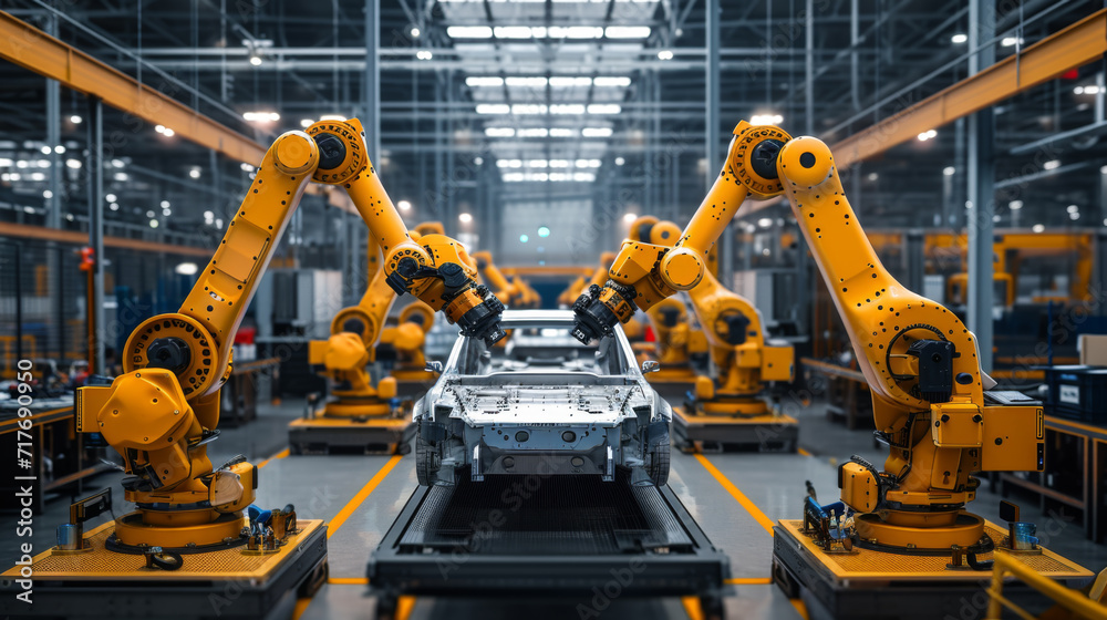 Series of industrial robots are assembling a car on a production line in an automotive factory.