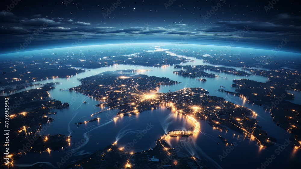 Planet Earth globe view from space, night city lights Planet Earth globe view from space, night city lights