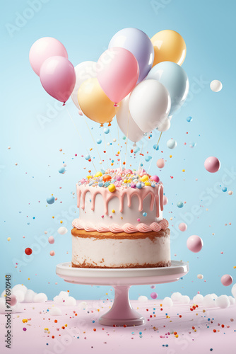 A whimsical celebration cake adorned with colorful candies, dripping icing, and balloons against a cheerful blue sky background. 