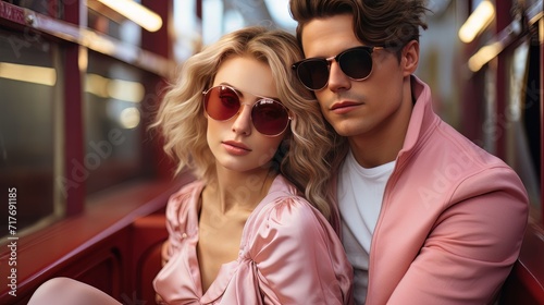 Gen Z fashion couple with trendy pink sunglasses, heart in the background, love and Valentine's day concept, fun pastel colors