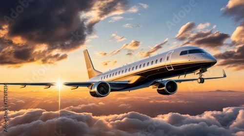 Airplane flying with a beautiful sky and clouds, sunset background, private jet and travel concept