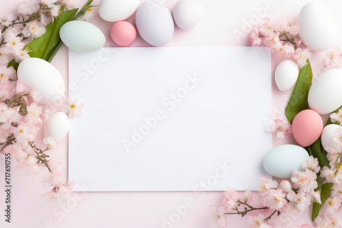Delicately colored Easter eggs and delicate spring flowers lie on soft pink surface, creating perfect place for text and advertising. Concept of symbol and celebration of Easter holiday. Copy space.
