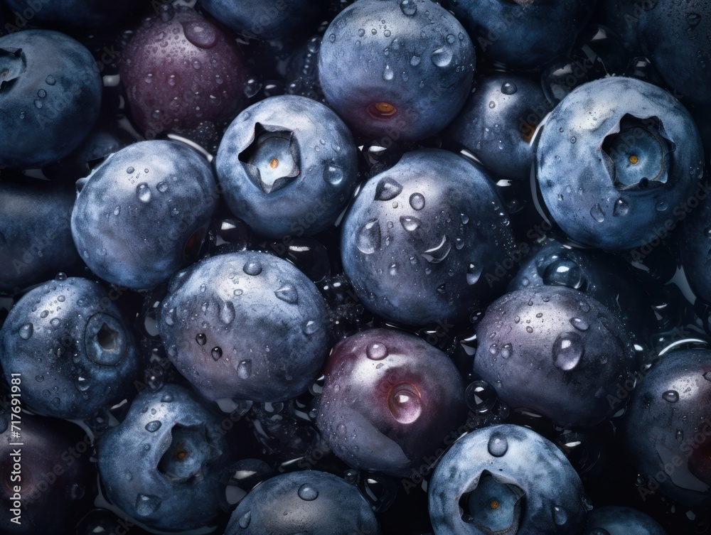 Top-down view of fresh Blueberries background, adorned with glistening droplets of water. Top-down view of fresh Blueberries background, adorned with glistening droplets of water.