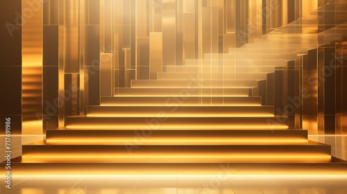 Golden Staircase in a Modern Building Bathed in Sunlight, Emphasizing Luxury and Style. Background.