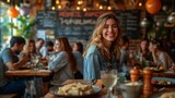 Smiling Woman in Blue Jeans at a Restaurant with Monthly Events Menu Generative AI