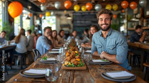 Smiling Man in Blue Jeans Sits at a Long Table with a Freshly Prepared Meal Generative AI photo