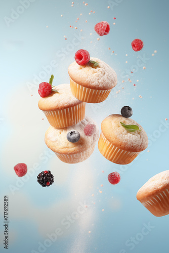 Levitating cupcakes topped with fresh berries and a magical dusting of powdered sugar against a sky blue background. 