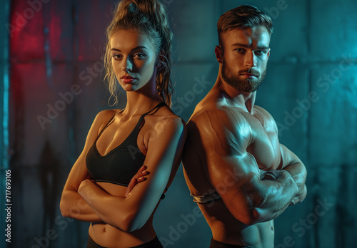 an image with a muscular person and another woman, in the style of video, focus stacking, group material, aurora punk, simplicity, handsome gym page with Men and  women different fitness. © Sweetrose official 
