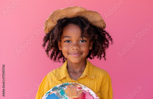 child holding paint palette in pose against pink backdrop