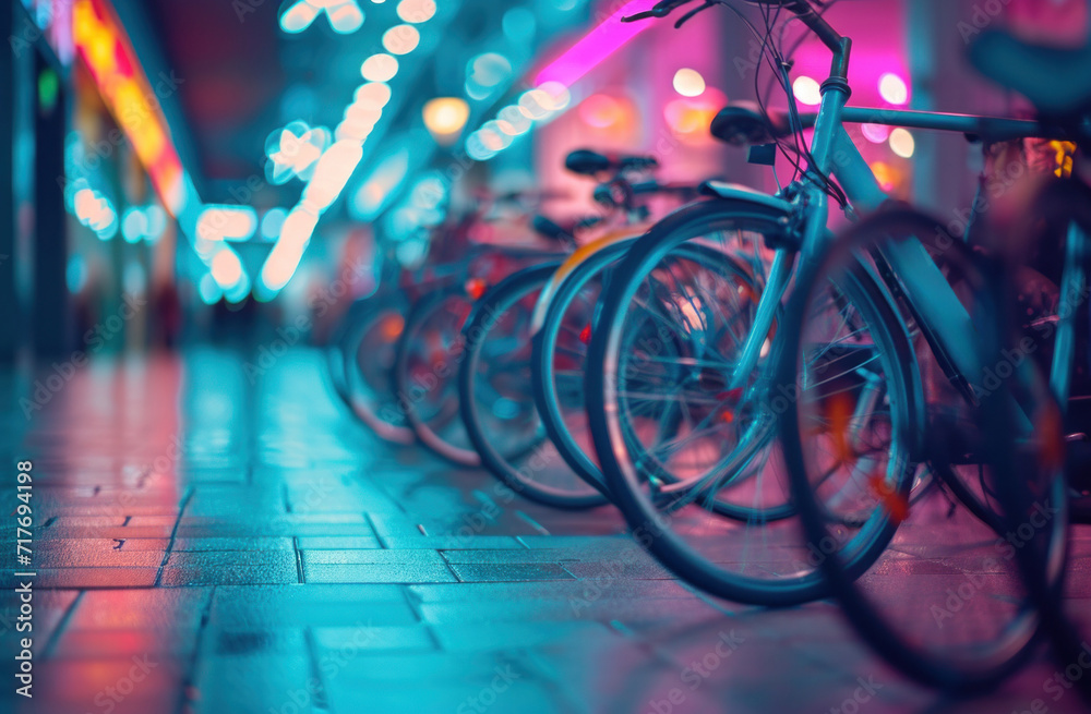 brightly colored bicycles line the sidewalk brightly colored bicycles line the sidewalk