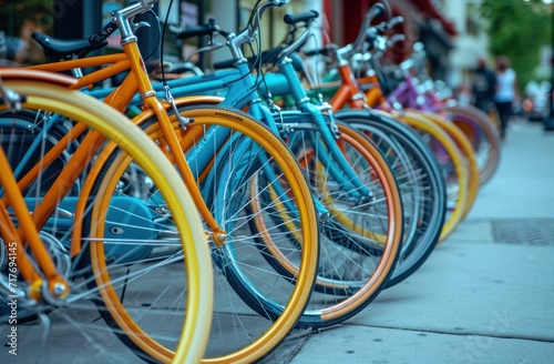 brightly colored bicycles line the sidewalk