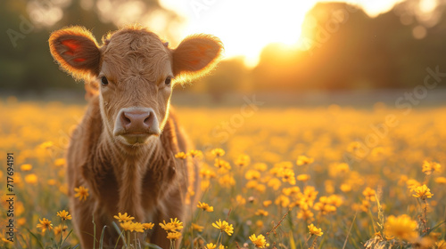 baby cow on a field with amazing light photo