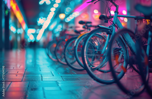 brightly colored bicycles line the sidewalk