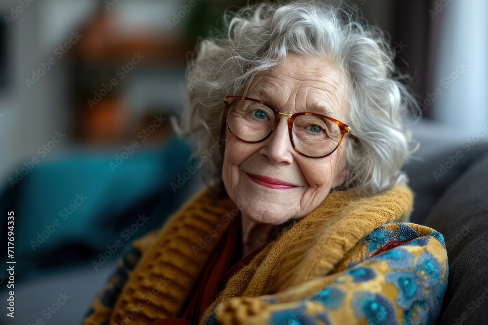 elderly female with glasses smiling while sitting on couch