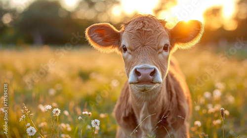 baby cow on a field with amazing light