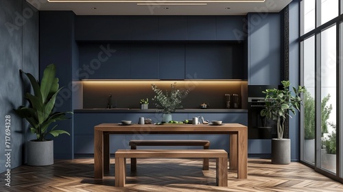 dining table with dark blue cabinets and wooden bench
