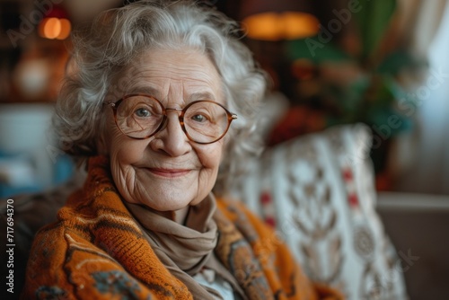 elderly woman wearing glasses smiling and talking on a couch at home