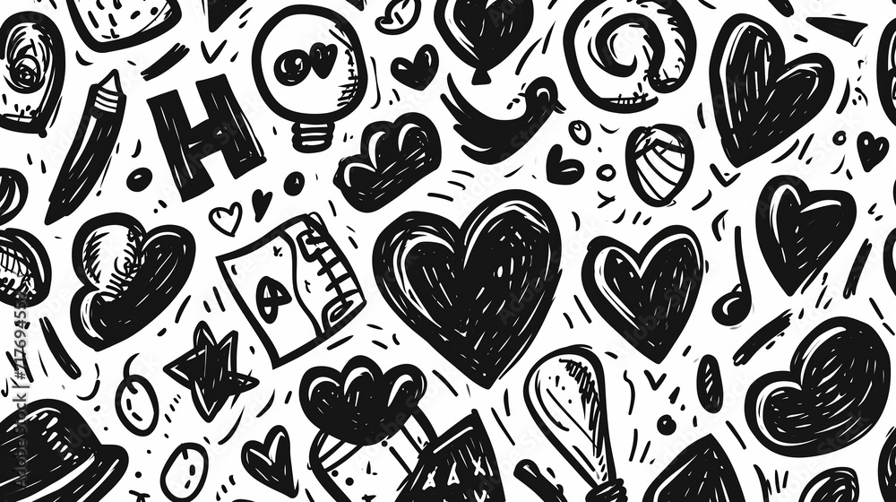 Fototapeta premium Charming love doodles background, drawn hearts, flowers, and romantic elements, adding a touch of playfulness to the essence of love and affection