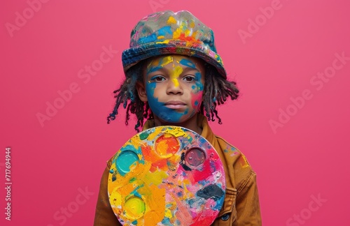 child holding paint palette in pose against pink backdrop