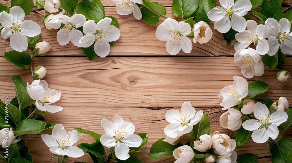 apple blossoms against a wooden table and frame, apple blossoms against a wooden table and frame,