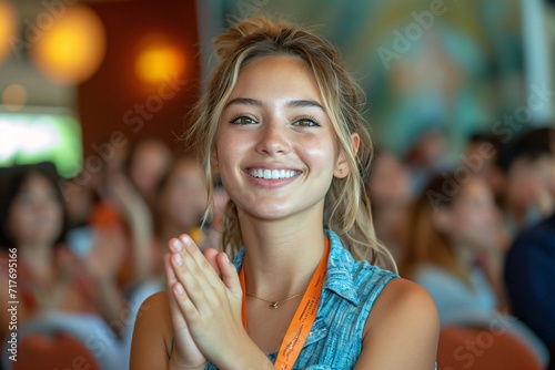 Smiling Woman with Orange Lanyard and Monthly Event Badge Generative AI photo