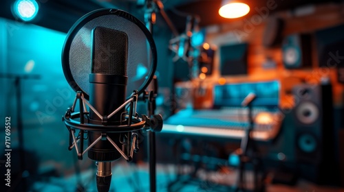 Studio microphone and pop shield on mic in the empty recording studio with copy space. Performance and show in the music business equipment