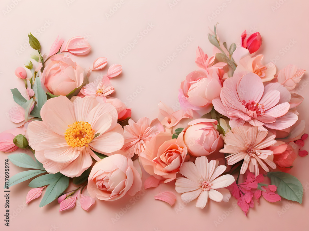 A beautifully delicate banner adorned with intricate flowers elegantly rests on a soft, light pink background A beautifully delicate banner adorned with intricate flowers elegantly rests on a soft, light pink background