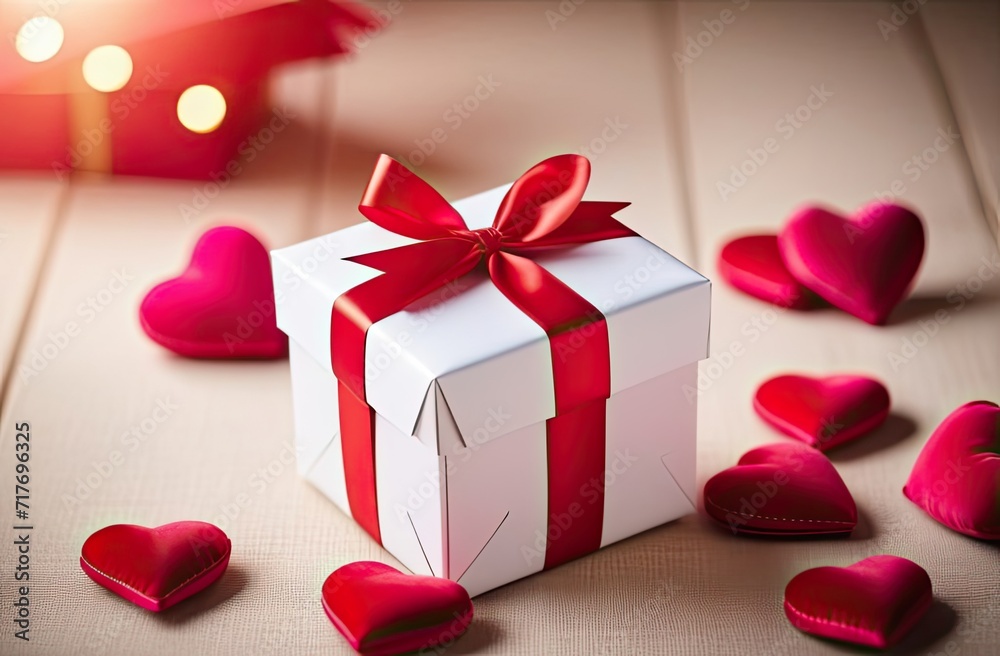 A white gift box with a red ribbon and a bow on a wooden surface with beautiful contour lighting on the left, red velvet decorative hearts around, bokeh