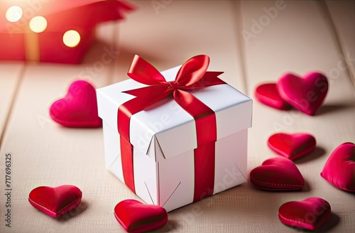 A white gift box with a red ribbon and a bow on a wooden surface with beautiful contour lighting on the left, red velvet decorative hearts around, bokeh © Anastasia