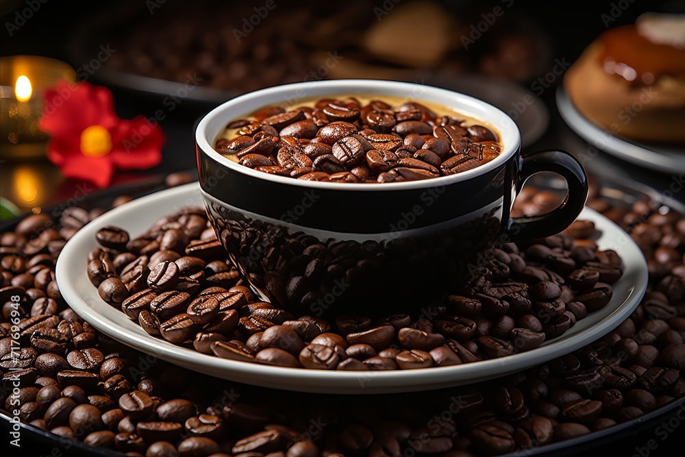 a cup of coffee on a wooden table with scattered coffee beans