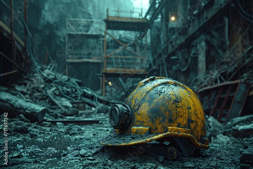 Yellow Hard Hat in a Post-Apocalyptic World Generative AI photo