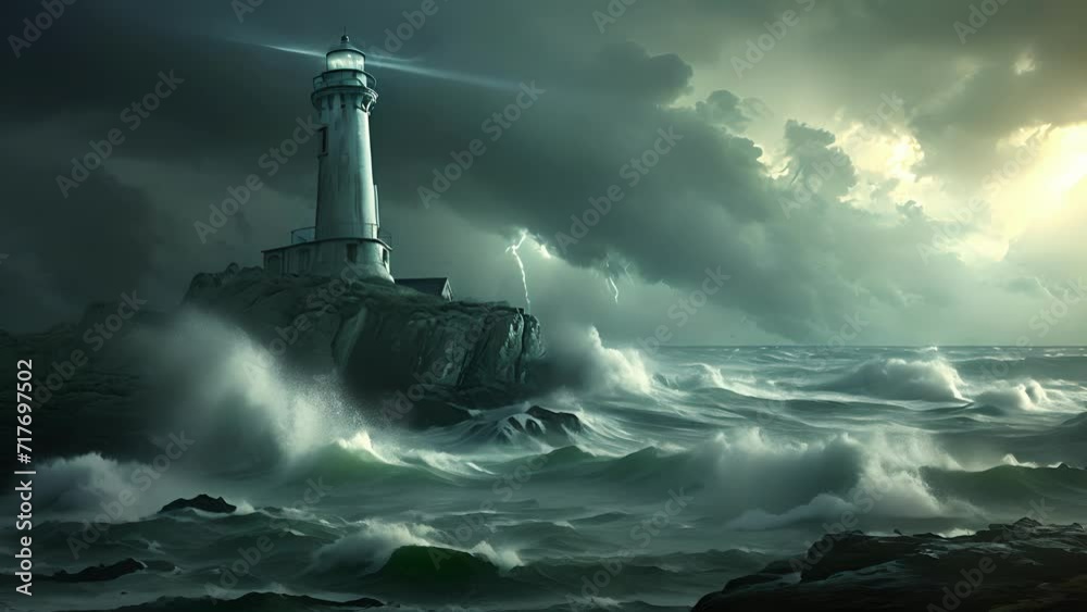 The lighthouse stood tall and defiant against the raging sea, its ghostly appearance adding an element of fantasy to the turbulent coastal storm. Fantasy animation