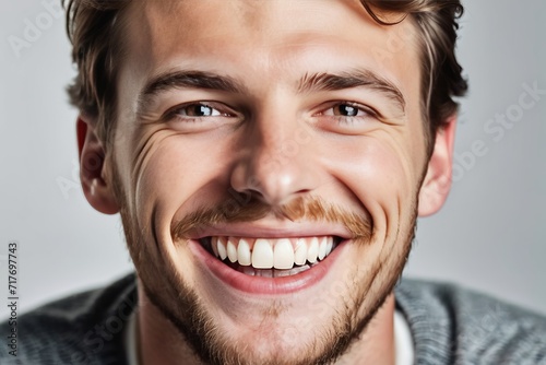 a professional portrait studio photo of a handsome young white american man model with perfect clean teeth laughing and smiling. isolated on white background