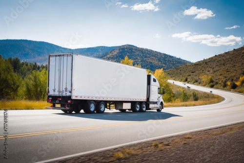 a white cargo truck with a white blank empty trailer for ad on a highway road in the united states. beautiful nature mountains and sky. driving in motion