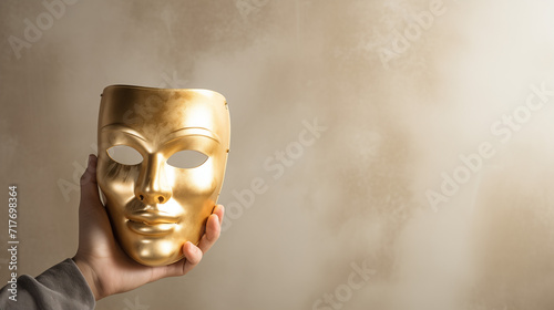 Man Holding Gold Mask in Hand - Golden and Acting Concept. Luxury trendy background. Banner, copy space.