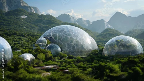Transparent dome-shaped dwellings located in a mountainous region, surrounded by lush green vegetation.
 photo