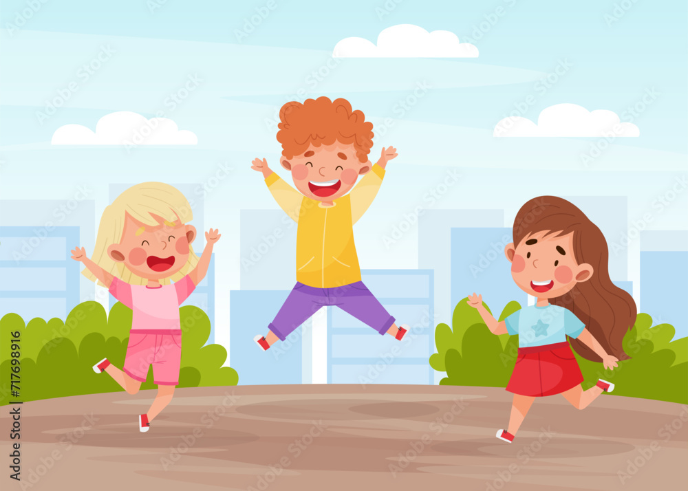 Funny Jumping Boy and Girl Character Having Fun Vector Illustration Funny Jumping Boy and Girl Character Having Fun Vector Illustration